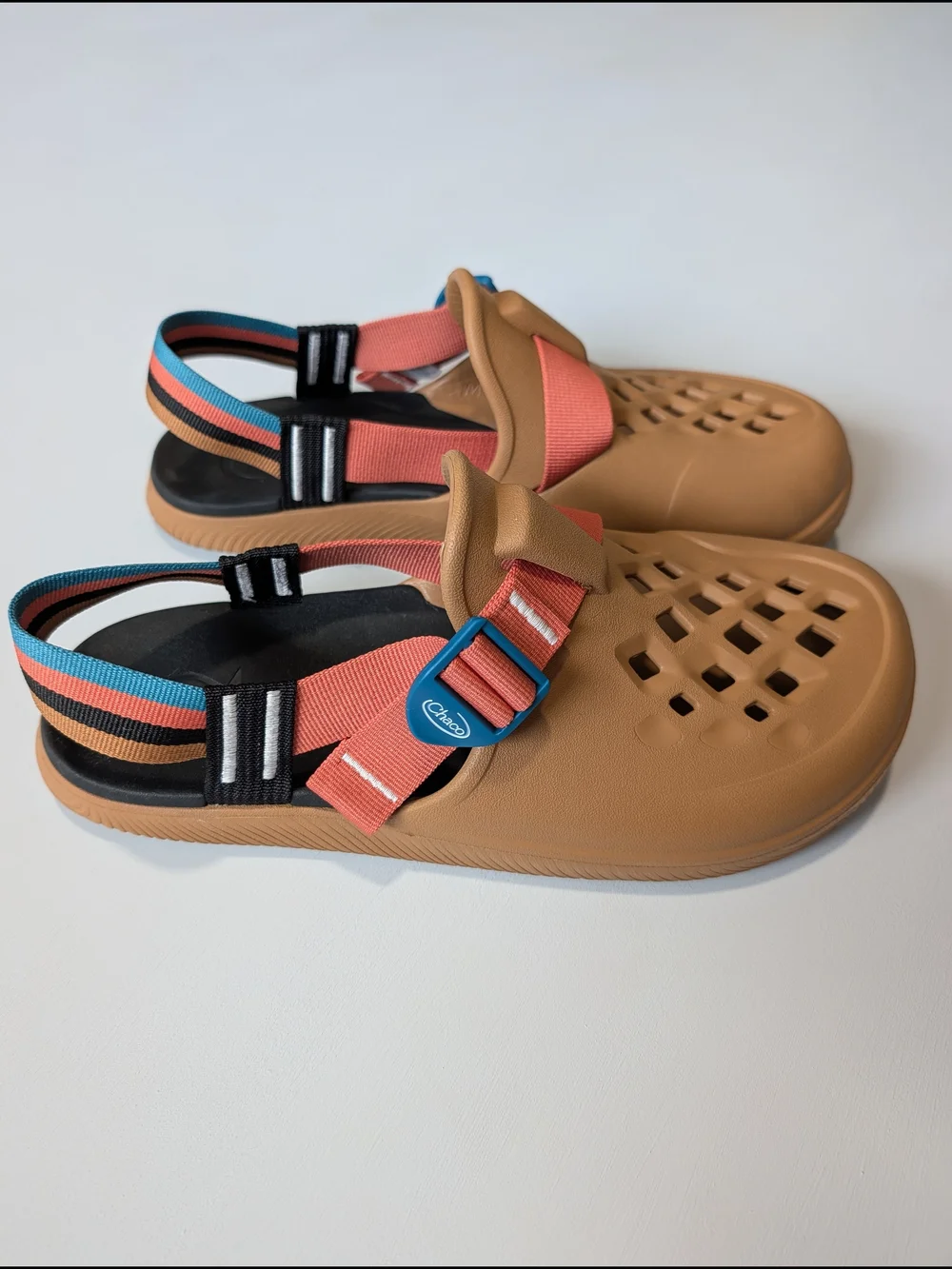 Chaco Chillos Clog Mules Camel Brown Colorblock Teal Pink Strap Mens Size 10